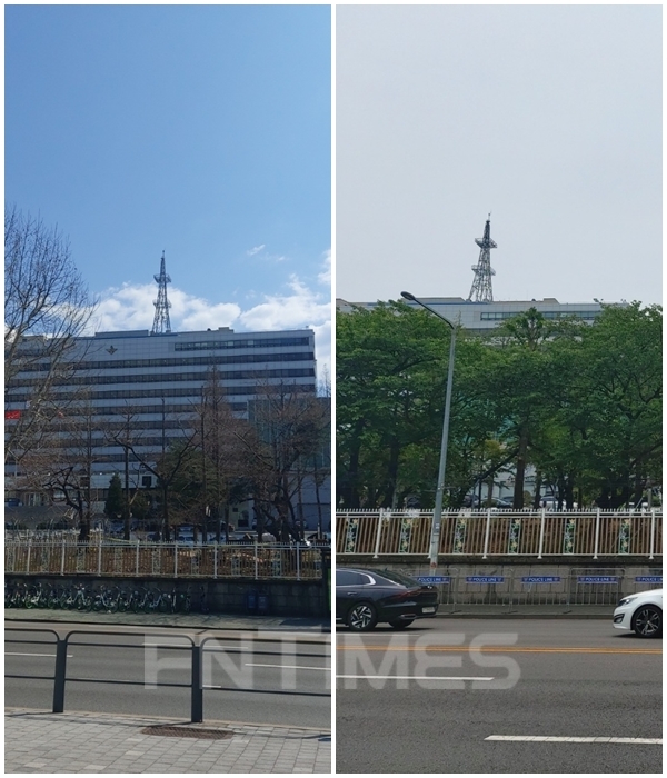 대통령집무실 이전 전(왼쪽)과 후(오른쪽) 국방부 청사 앞. 이전 전에 없던 경찰 펜스가 새로 생긴 것을 볼 수 있다. / 사진=장호성 기자