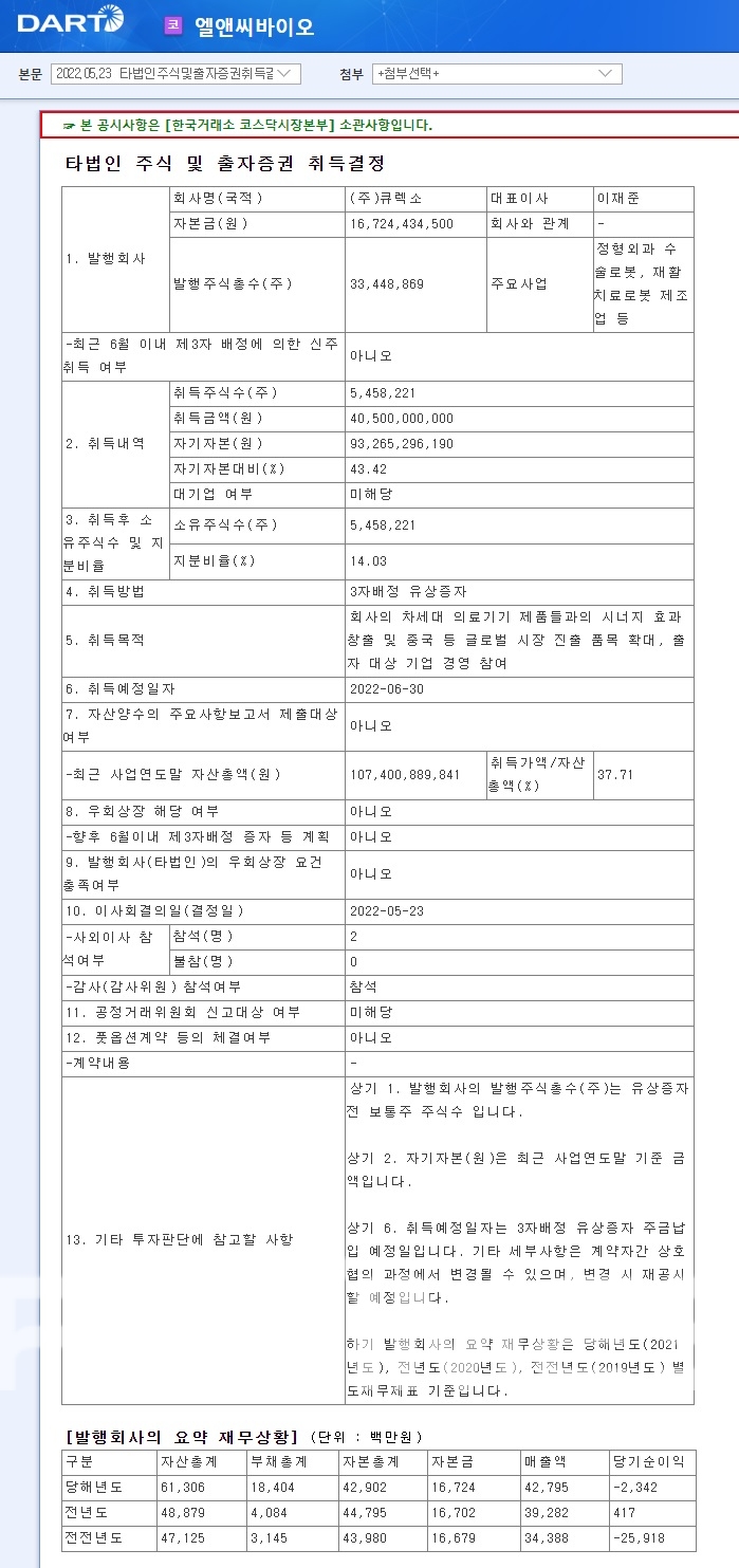 엘앤씨바이오(대표 이환철)의 23일 기준 타 법인 주식 및 출자 증권 취득 결정에 관한 공시./자료=금융감독원 전자공시시스템 ‘다트’(DART) 갈무리