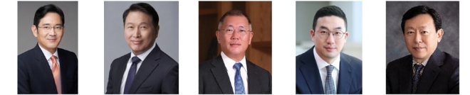 (사진 왼쪽부터) 이재용 삼성전자 부회장, 최태원 Sk그룹 회장, 정의선 현대자동차그룹 회장, 구광모 LG그룹 회장, 신동빈 롯데그룹 회장은 25일 열리는 '2022 대한민국 중소기업인 대회'에 참석한다.