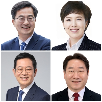 김동연 더불어민주당 경기도지사 후보 (윗줄 왼쪽), 김은혜 국민의힘 경기도지사 후보 (윗줄 오른쪽), 박남춘 더불어민주당 인천시장 후보 (아랫줄 왼쪽), 유정복 국민의힘 인천시장 후보 (아랫줄 오른쪽)