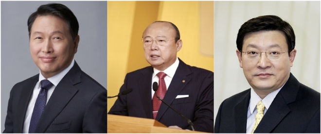 최근 5개년 투자 계획을 발표한 최태원 SK그룹 회장(사진 왼쪽) , 김승연 한화그룹 회장(사진 가운데), 허태수 GS그룹 회장(사진 오른쪽).