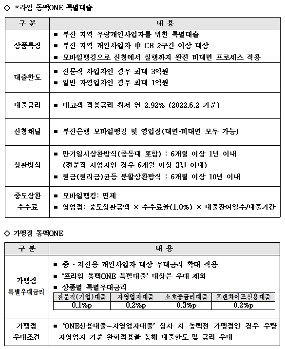 프라임 동백ONE 특별대출(위)과 가맹점 동백ONE 상품 설명 표. / 자료제공=BNK부산은행