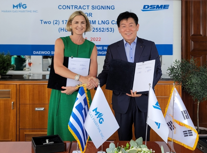 대우조선해양은 그리스 최대 해운사인 안젤리쿠시스 그룹 산하 마란가스(Maran Gas Maritime)로부터 LNG운반선 2척을 5851억 원에 수주했다. 사진=대우조선해양.