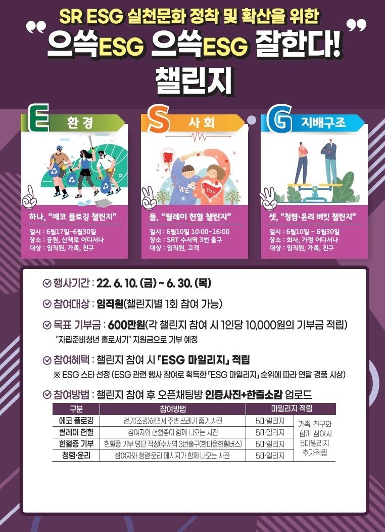 SR은 ‘으쓱(ESG) 으쓱(ESG) 잘한다!’ 챌린지를 10일부터 전개한다고 밝혔다./자료=SR