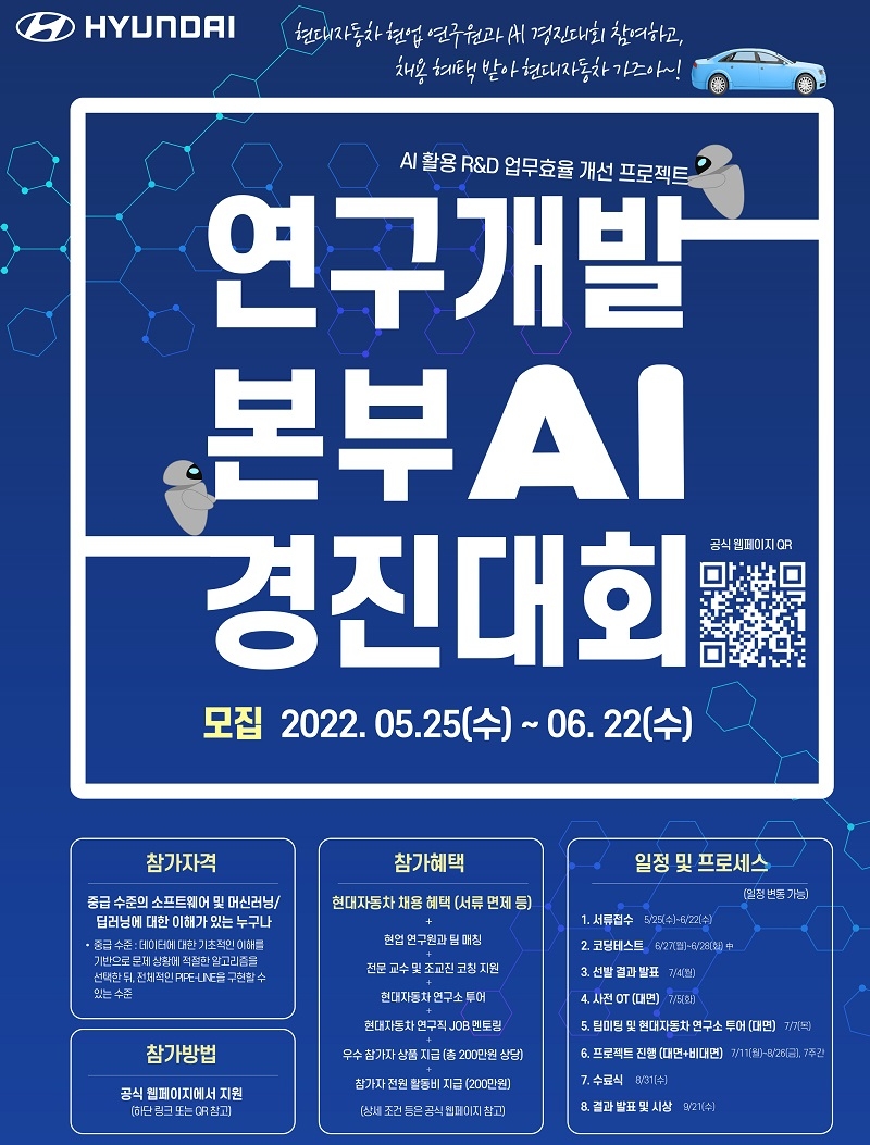 현대차 연구개발본부 AI 경진대회, 22일까지 대학생 참가자 모집