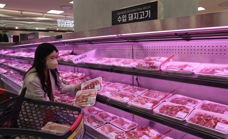 서울 잠실 롯데마트 제타플렉스점에서 고객이 캐나다산 돼지고기를 고르는 모습./ 사진제공 = 롯데쇼핑