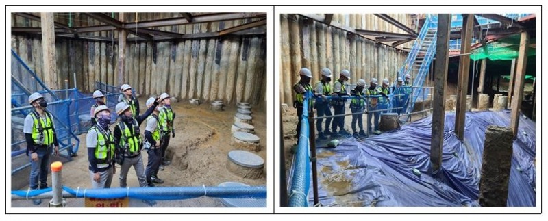 ‘평택통복 B-1BL현장’에서 현장소장과 직원들이 장마철 대비 일일점검을 하고 있다. /사진제공=동아건설산업