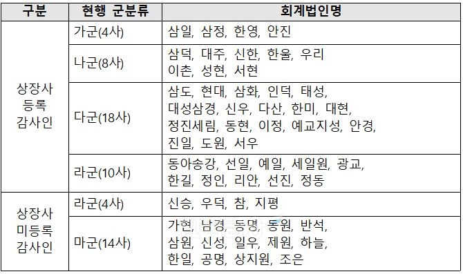 지난해 감사인 지정을 신청한 회계법인(58개사) 군 분류 현황./자료=금융위원회(위원장 김주현)