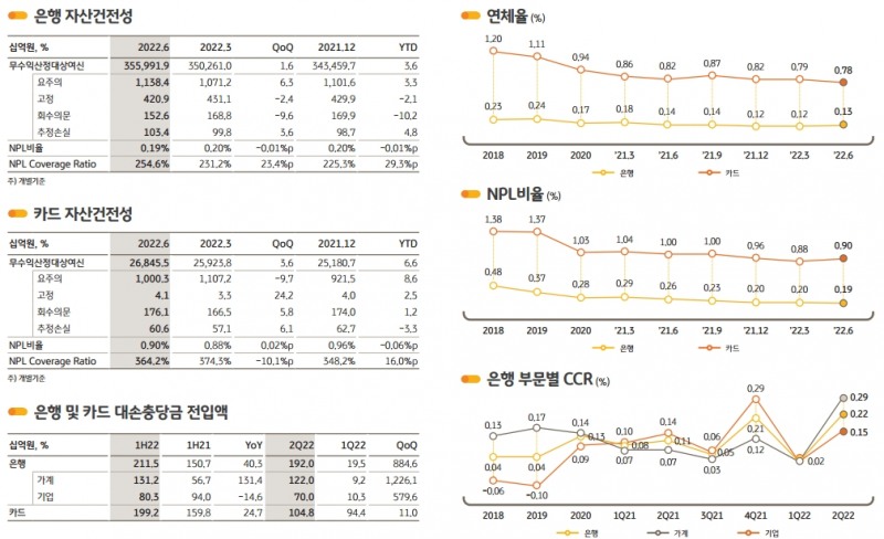 은행 및 카드 자산건전성 현황. / 자료제공=KB금융지주