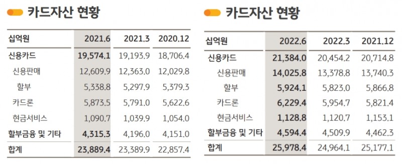 KB국민카드 2021년 상반기 및 2022년 상반기(오른쪽) 카드자산 현황. /자료제공=KB금융지주