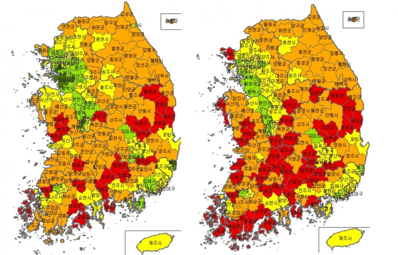 2020년(좌), 2022년 3월(우) 전국 소멸위험지역 추이 / 자료=고용노동부