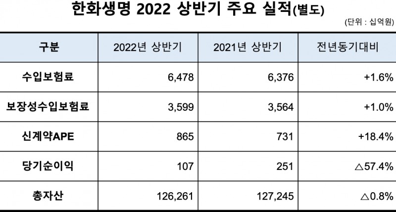 한화생명의 상반기 주요 실적. /자료제공=한화생명