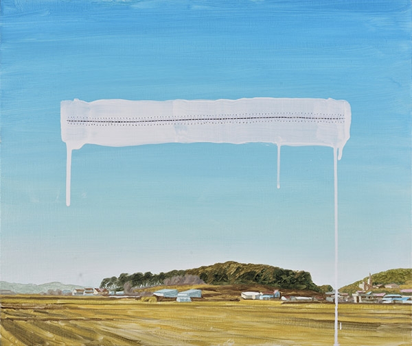 ▲판교천에서 바라본 풍경2 (캔버스에 유채, 아크릴릭, 바느질, 53×45.5cm, 2022 )