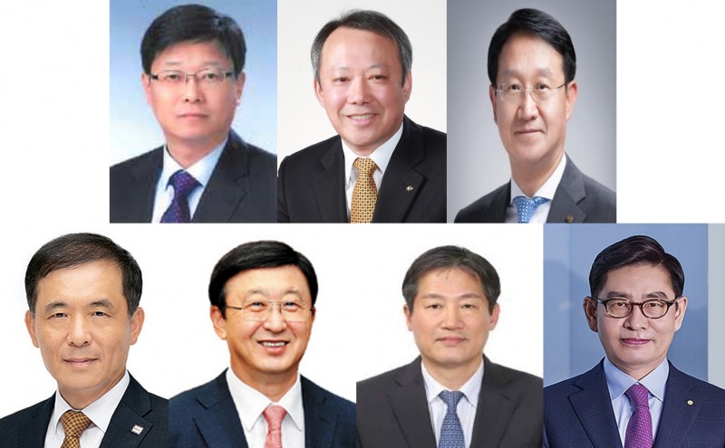 (윗줄 왼쪽부터 시계방향으로) 남병호 전 KT캐피탈 대표, 박지우 전 KB캐피탈 대표, 오정식 전 KB캐피탈 대표, 정원재 전 우리카드 대표, 정완규 전 한국증권금융 사장, 서준희 전 BC카드 대표, 위성백 전 예금보험공사 사장. /사진제공=한국금융신문