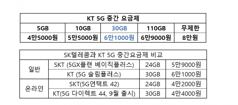 5G 중간요금제 비교. 자료=각 사.