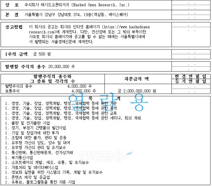 김서준 대표가 2018년 만든 블록체인(Blockchain‧공공 거래 장부) 투자 업체 ‘해시드’(Hashed) 계열회사 ‘해시드 오픈 리서치’(HOR‧Hashed Open Resarch) 법인 등기./사진=대법원(대법원장 김명수) 인터넷등기소 누리집 갈무리