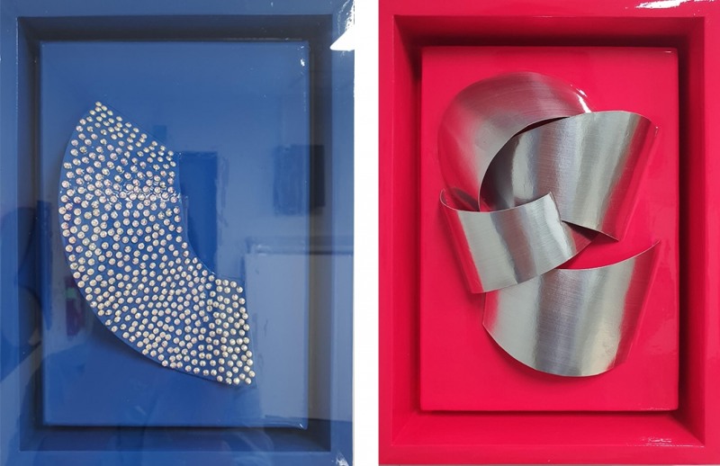 좌) Jeweled Cell Series- Blue v, 23.0cmx30.0cmx6.0cm, Acrylic,Swarovski ,hardboard on Canvas 2022우) Pieces of Cell Series -Magenta &Silver, 23.0cmx30.0cmx6.0cm, Acrylic,Hardboard on Canvs, 2022