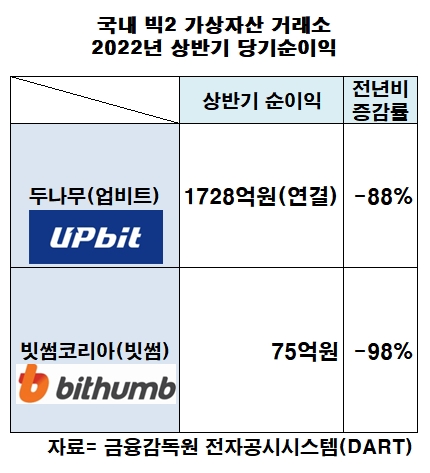 코인 한파에 가상자산 거래소 상반기 실적 '흔들'…업비트·빗썸 등 전년비 '뚝'