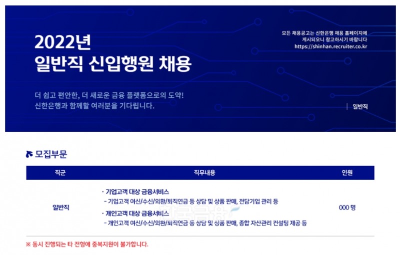 2022년 일반직 신입행원 채용. / 자료=신한은행 홈페이지 갈무리