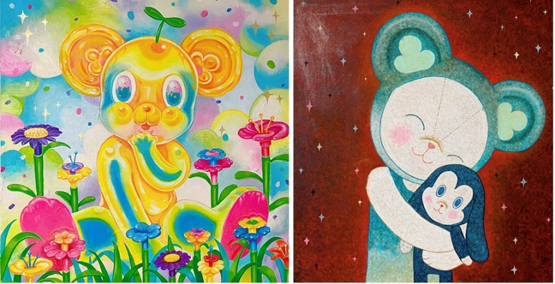 좌) 토아치, <꽃이 블링블링>, 45 x 45, oil on Canvas, 2022우) 토아치, <애착인형>, 45 x 53, Acrylic on Hanji, 2022