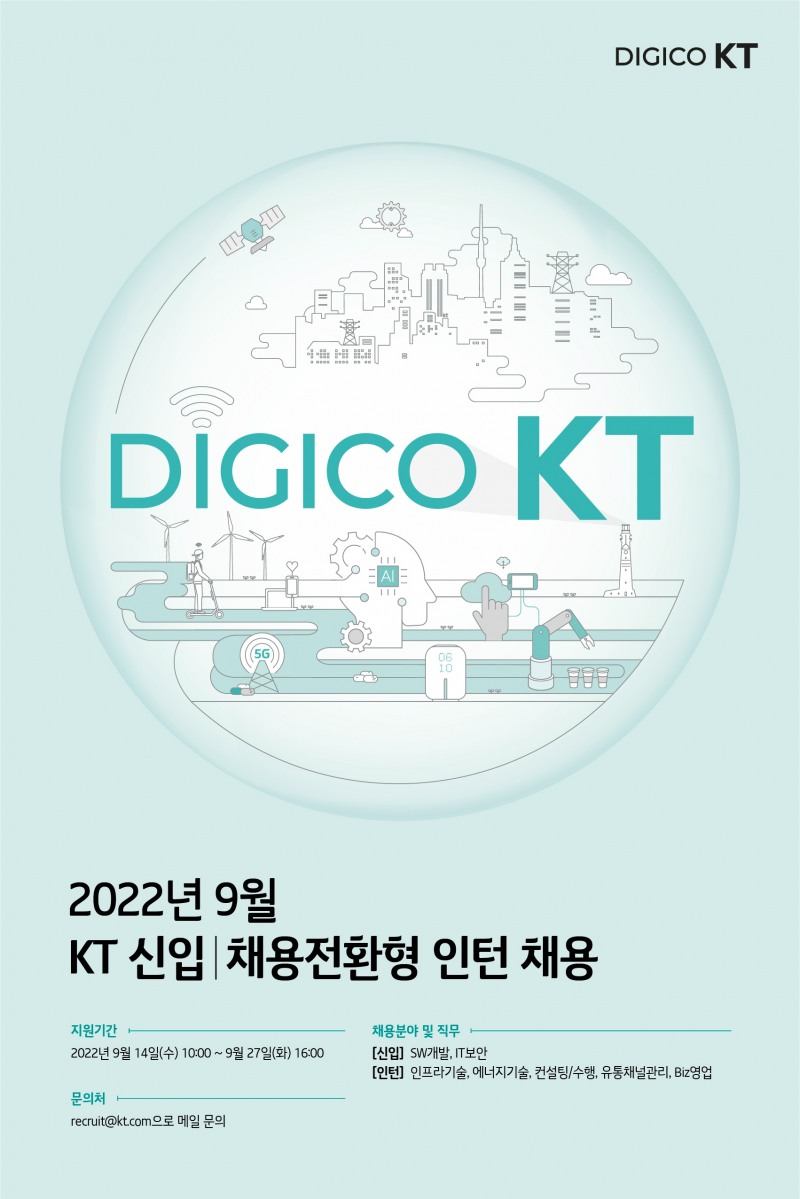 KT가 14일부터 27일까지 신입, 채용전환형 인턴을 채용한다. 사진=KT