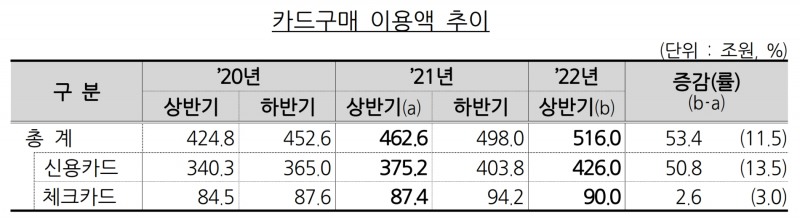 카드구매 이용액 추이. /자료제공=금융감독원