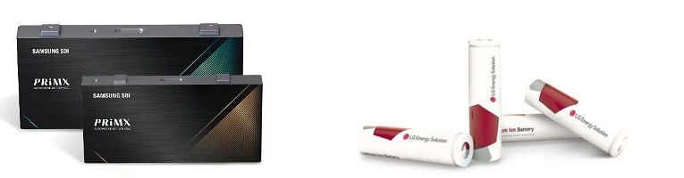 삼성SDI 각형 배터리(왼쪽)와 LG에너지솔루션 원통형 배터리.