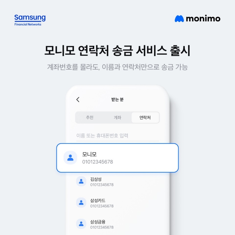삼성카드가 삼성금융네트웍스 통합플랫폼 모니모에 이름과 연락처만으로 송금이 가능한 '연락처 송금' 서비스를 새롭게 출시했다. /사진제공=삼성카드