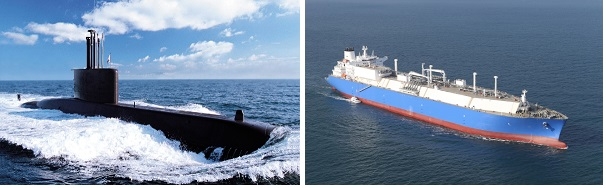 대우조선해양이 건조한 해군 잠수함(왼쪽)과 LNG선.