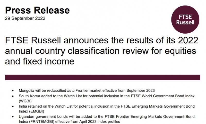 자료출처= FTSE Russell 홈페이지 중 보도자료(2022.09.29) 갈무리