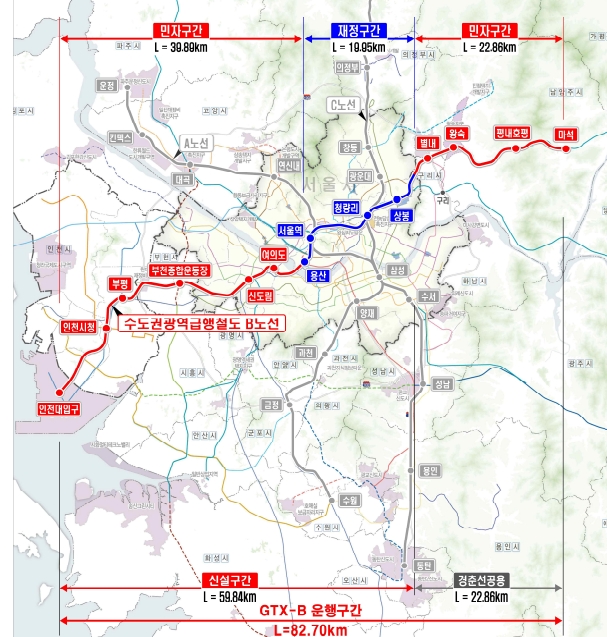 GTX-B노선도 및 구간별 시공 계획도 / 자료=국토교통부