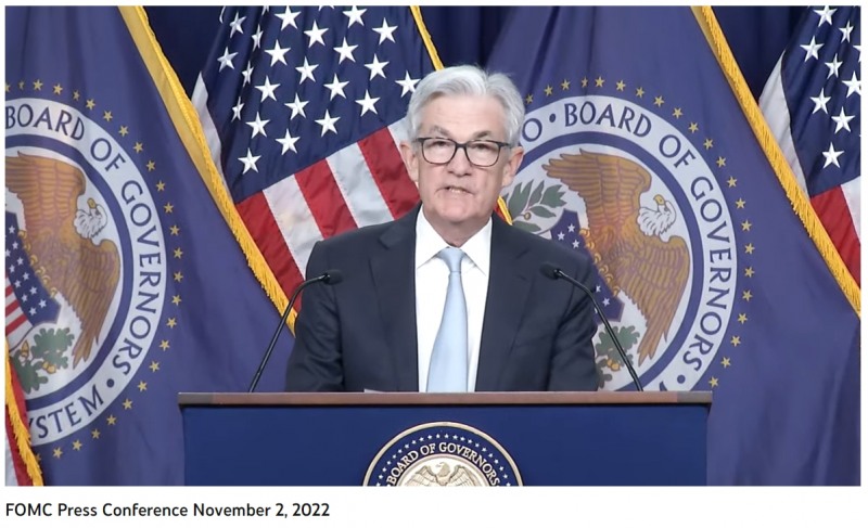 제롬 파월 연준(Fed) 의장이 11월 2일(현지시각) FOMC(연방공개시장위원회) 후 기자회견을 하고 있다. / 사진출처= Federal Reserve 유튜브 채널 갈무리(한국시각 2022.11.03)