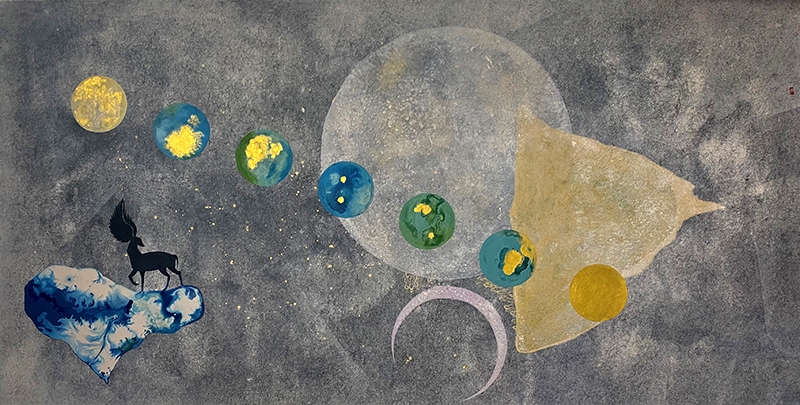 아홉개의 달 2, 140x70cm, 한지에 혼합재료, 2022