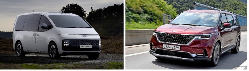 현대차 스타리아 라운지(왼쪽)과 기아 카니발.