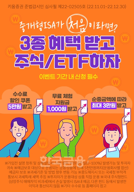 키움증권(대표이사 황현순)이 수수료 할인쿠폰 5만원을 지급하는 ‘중개형 개인종합자산관리계좌(ISA·Individual Savings Account)’ 이벤트(Event‧행사)를 올해 연말까지 진행한다./사진=키움증권