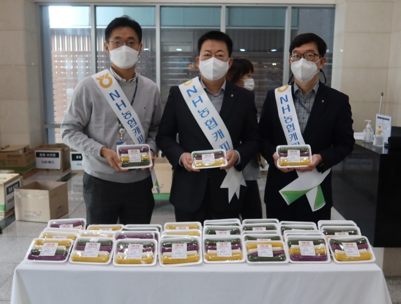 NH농협캐피탈이 쌀 소비를 촉진하고 농업인의 날을 알리기 위해 가래떡 나눔 행사를 실시했다. 조두식 NH농협캐피탈 대표이사(가운데)가 우리쌀로 만든 가래떡을 들고 사진 촬영을 하고 있다. /사진제공=NH농협캐피탈