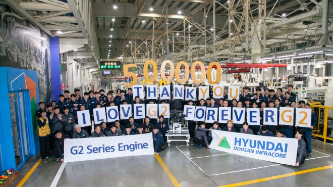 현대두산인프라코어(대표이사 조영철, 오승현)가 친환경 소형 엔진 ‘G2’시리즈 누적 생산 50만 대를 돌파했다. /사진=현대제뉴인.