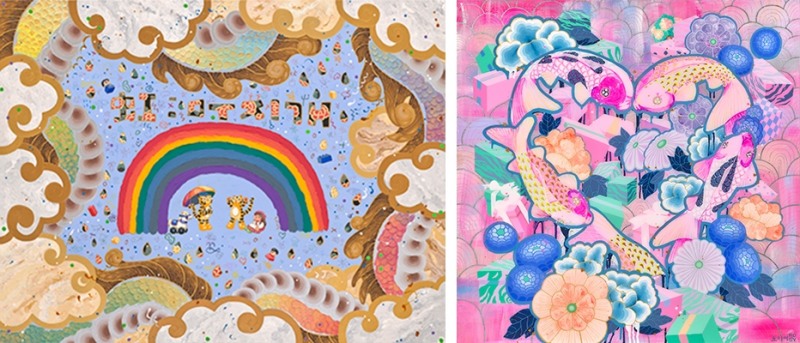 좌) over the rainbow 145.5x112.2cm mixed media 2022우) present20 acrylic on canvas 72.7x72.7cm 2021