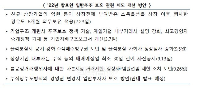 금융위원회(위원장 김주현)가 2022년 발표한 일반 주주 보호 관련 제도 개선 방안./자료=금융위