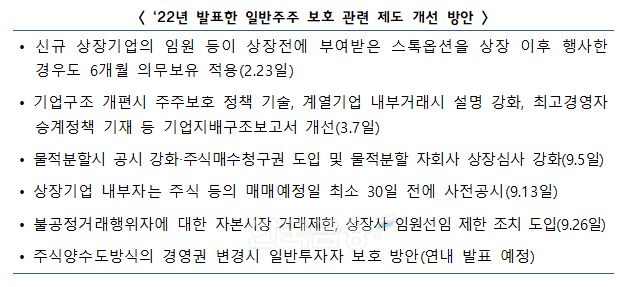 금융위원회(위원장 김주현)가 2022년 발표한 일반 주주 보호 관련 제도 개선 방안./자료=금융위