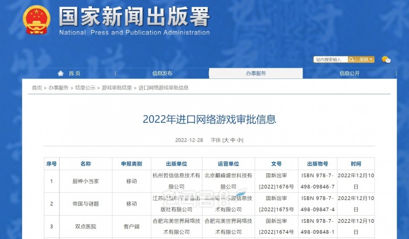 중국 국가신문출판서(NPPA)는 28일 외국게임 45종에 외자판호 발급을 공지했다. 사진=국가신문출판서 홈페이지 갈무리