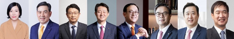 (왼쪽부터) 박정림·김성현 KB증권 대표, 장석훈 삼성증권 대표, 김신 SK증권 대표, 권희백 한화투자증권 대표, 오익근 대신증권 대표, 김남구 한국투자금융지주 회장, 유창수 유진투자증권 부회장 / 사진제공= 각사