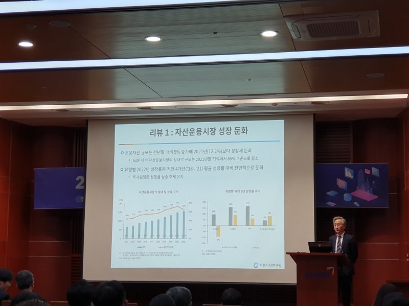 자본시장연구원은 26일 여의도 금융투자협회 불스홀에서 '2023년 자본시장 전망과 주요 이슈' 세미나를 개최했다. 김재칠 자본연 펀드·연금실장이 주제발표를 하고 있다. / 사진= 한국금융신문(2023.01.26)