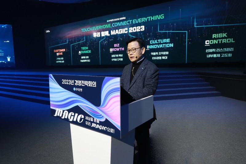 이원덕 우리은행장이 지난 28일 일산 킨텍스에서 열린 '2023년 상반기 경영전략회의'에서 발언하고 있다./사진=우리은행