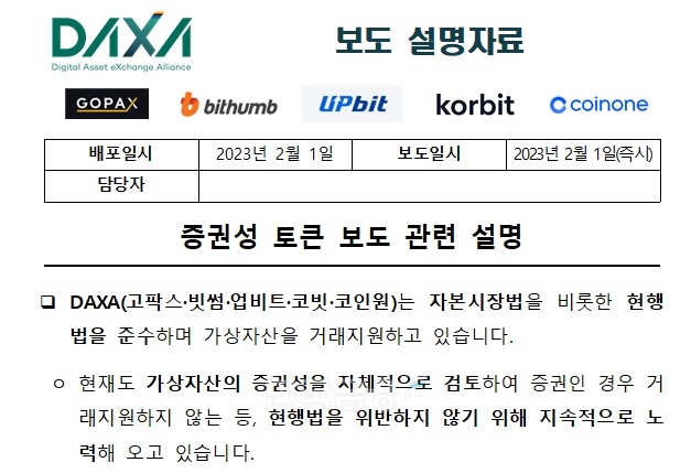 국내 5대 가상 자산 거래소 공동 협의체인 ‘DAXA’(Digital Asset eXchange Alliance·의장 두나무 대표 이석우)는 2023년 2월 1일 뉴스1이 보도한 〈금융위 “가상자산 거래소, 증권성 토큰 상폐하라” 지시〉 기사 내용에 관해 “현재도 자본시장법을 비롯한 현행법을 준수하면서 가상 자산을 거래 지원하고 있다”며 해명 자료를 냈다./사진=DAXA 설명 자료 갈무리