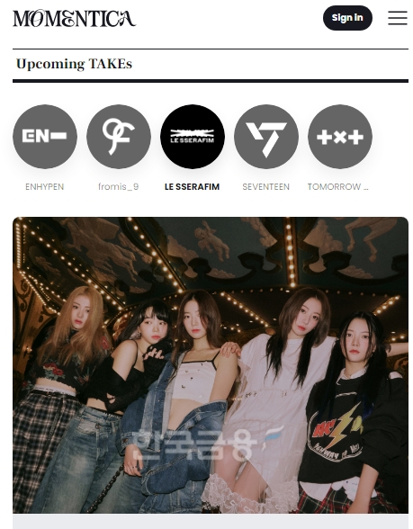 국내 대형 엔터테인먼트 회사 ‘하이브’(HYBE‧대표 박지원)와 디지털 자산 거래량 1위 플랫폼인 업비트(Upbit) 운영사 ‘두나무’(대표 이석우)의 합작법인 ‘레벨스’(Levvels)가 2022년 10월에 구축한 자체 플랫폼 ‘모먼티카’를 통해 걸그룹 ‘르세라핌’ 대체 불가능 토큰(NFT‧Non-Fungible Token) 공개를 준비 중이다./사진=모먼티카 누리집 갈무리