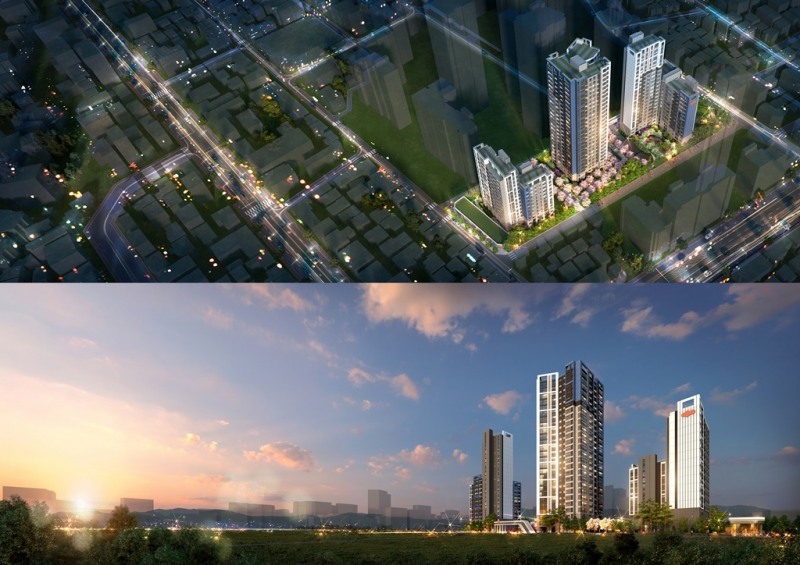 서울 중랑구 면목역6구역 가로주택정비사업 조감도(위쪽) 및 투시도./사진제공=DL건설