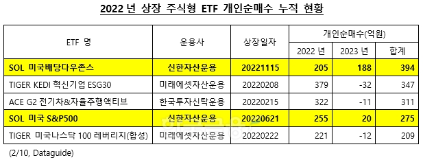 2022년 상장 주식형 상장지수펀드(ETF·Exchange Traded Fund) 개인 순매수 누적 현황./자료=신한자산운용(대표이사 조재민·김희송)