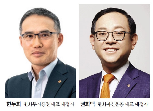 한두희 한화투자증권 대표 내정자(왼쪽)와 권희백 한화자산운용 대표 내정자./사진=한화그룹(회장 김승연)