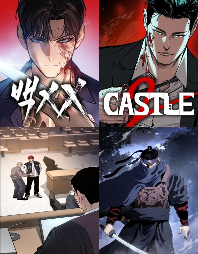 더그림엔터테인먼트가 올해 연재 예정인 웹툰 라인업을 공개했다. (왼쪽 위 부터 시계방향으로) '백XX', '캐슬2', '체탐자','촉법소년'. 사진=더그림엔터테인먼트